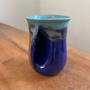 Neher Clay In Motion Pottery LEFT HAND Warmer Mug Signed 2013 Teal Blue